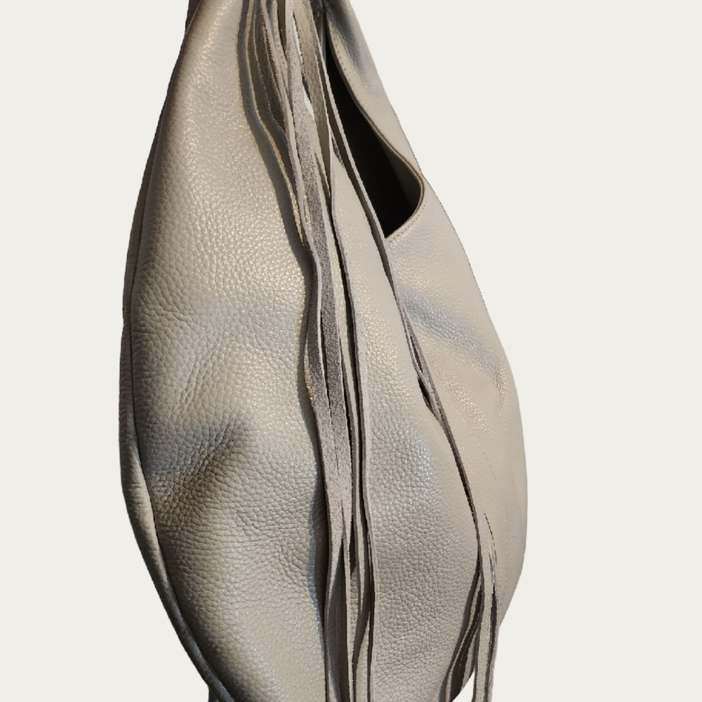 Soft Pebbled Hobo Bag with Fringe Strap - Taupe - Picture 5 of 10